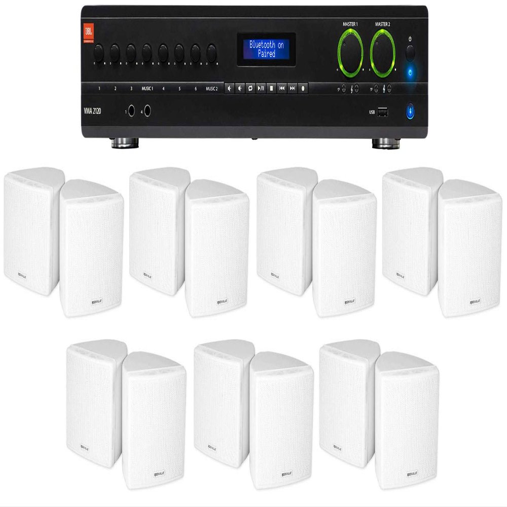 Audiosavings Bundle: (1) JBL VMA2120 2-Ch. Commercial/Restaurant 120W 70V Bluetooth Amplifier Bundle with (14) Cube by Rockville 3.5" White Commercial 70v Swivel Wall Mount Speakers (15 Items)