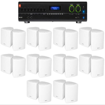 Audiosavings Bundle: (1) JBL VMA2120 2-Ch. Commercial/Restaurant 120W 70V Bluetooth Amplifier Bundle with (20) Cube by Rockville 3.5" White Commercial 70v Swivel Wall Mount Speakers (21 Items)