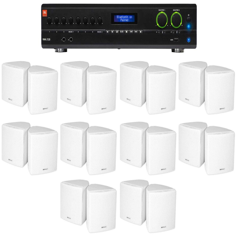 Audiosavings Bundle: (1) JBL VMA2120 2-Ch. Commercial/Restaurant 120W 70V Bluetooth Amplifier Bundle with (20) Cube by Rockville 3.5" White Commercial 70v Swivel Wall Mount Speakers (21 Items)