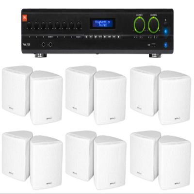 Audiosavings Bundle: (1) JBL VMA2120 2-Ch. Commercial/Restaurant 120W 70V Bluetooth Amplifier Bundle with (12) Cube by Rockville 3.5" White Commercial 70v Swivel Wall Mount Speakers (13 Items)