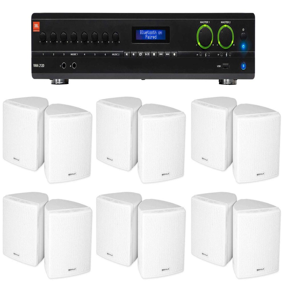 Audiosavings Bundle: (1) JBL VMA2120 2-Ch. Commercial/Restaurant 120W 70V Bluetooth Amplifier Bundle with (12) Cube by Rockville 3.5" White Commercial 70v Swivel Wall Mount Speakers (13 Items)