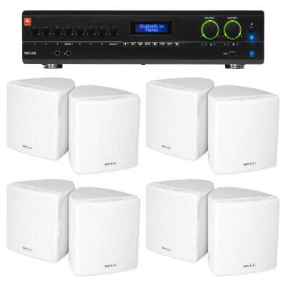 Audiosavings Bundle: (1) JBL VMA2120 2-Ch. Commercial/Restaurant 120W 70V Bluetooth Amplifier Bundle with (8) Cube by Rockville 3.5" White Commercial 70v Swivel Wall Mount Speakers (9 Items)