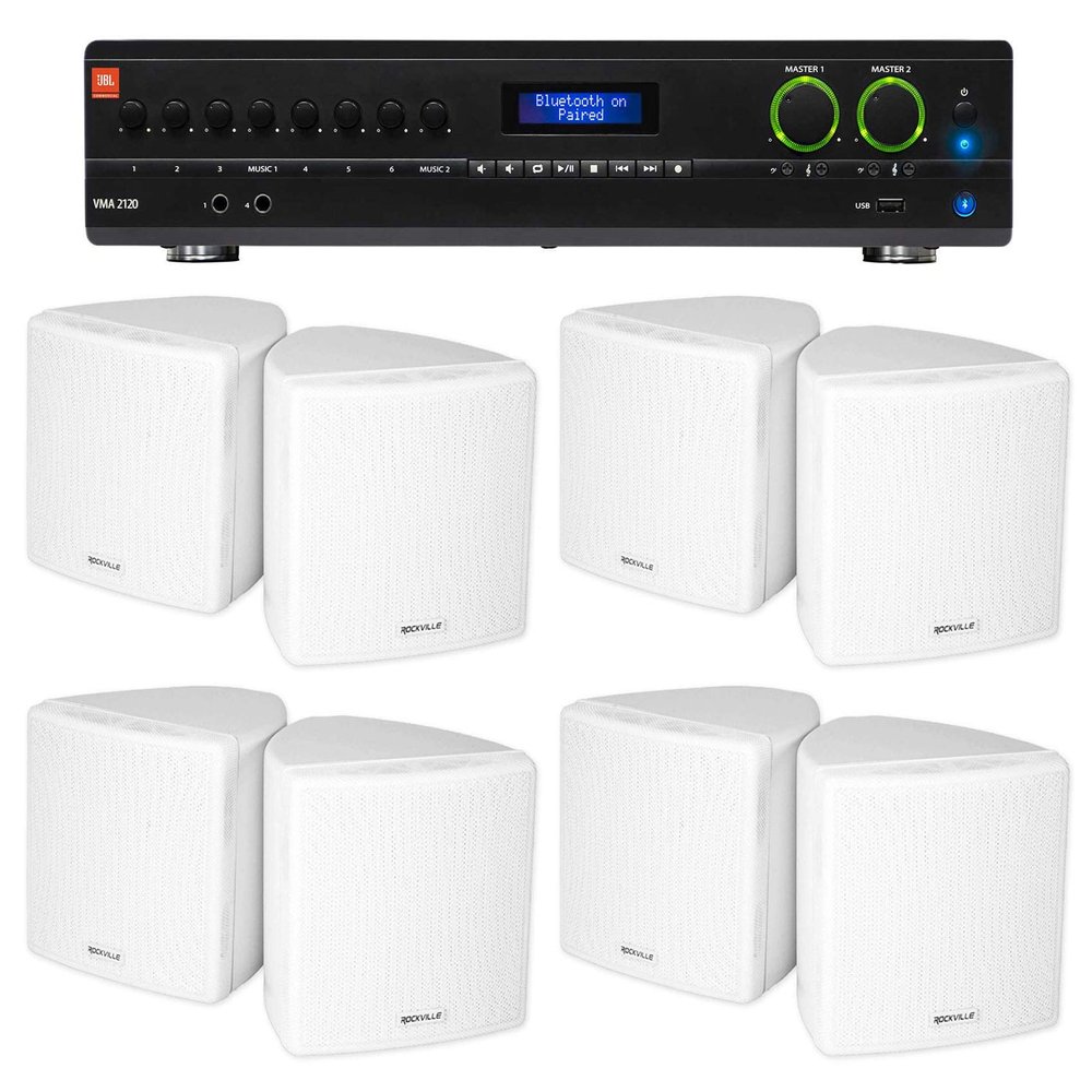 Audiosavings Bundle: (1) JBL VMA2120 2-Ch. Commercial/Restaurant 120W 70V Bluetooth Amplifier Bundle with (8) Cube by Rockville 3.5" White Commercial 70v Swivel Wall Mount Speakers (9 Items)