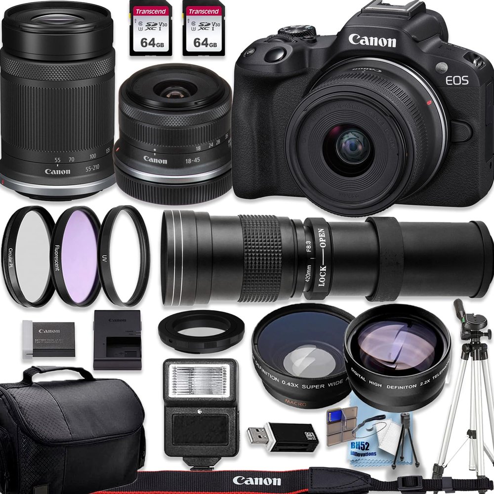 Canon EOS R50 4K Video Recording Mirrorless Camera with 18-45mm and Canon RF-S 55-210mm f/5-7.1 is STM+420-800mm f/8.3 HD Telephoto Zoom Lenses + 2 X 64GB Fast Memory + Deluxe Accessory Bundle, Black