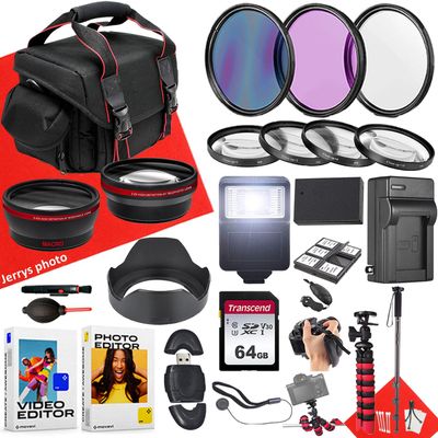 58mm Accessory Bundle for Canon EOS Rebel: T8i, T7i, T6i, T6s, SL3, SL2; 77D, R8 + Wide Angle and Telephoto Lens + Battery + 64GB Memory Card + Slave Flash + Filters + Monopod + More (26 pc Bundle)