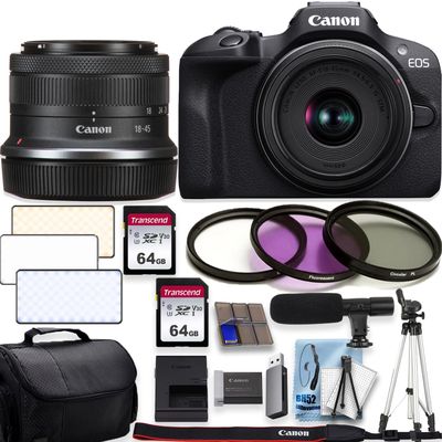 Canon EOS R100 4K Video Recording Mirrorless Camera with 18-45mm + 50 Tripod+Shoulder Bag+2 X 64GB Fast Memory + Deluxe Accessory Bundle (Renewed), Black