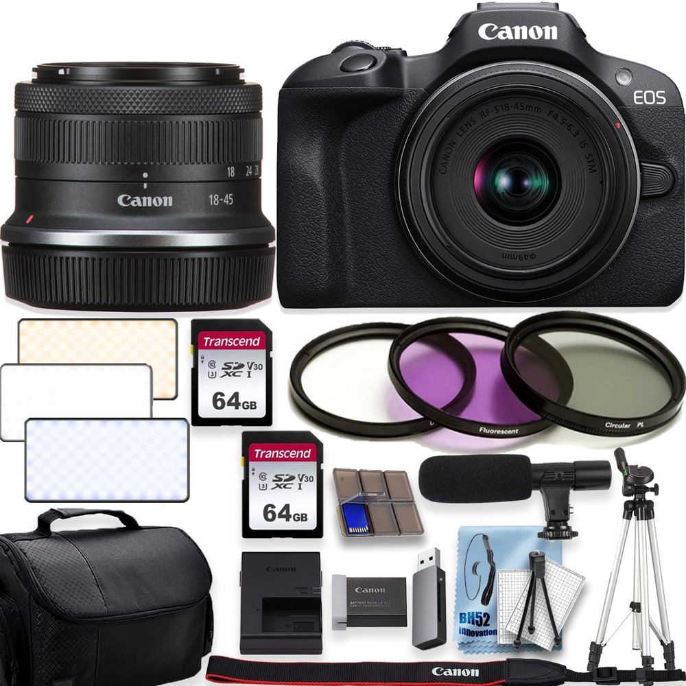 Canon EOS R100 4K Video Recording Mirrorless Camera with 18-45mm + 50 Tripod+Shoulder Bag+2 X 64GB Fast Memory + Deluxe Accessory Bundle (Renewed), Black