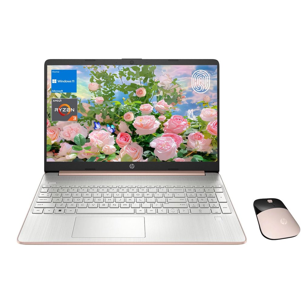 HP Portable Laptop, 15.6" HD Anti-Glare Display, AMD Ryzen 3 3250U, 32GB RAM, 1TB PCIe SSD, Student and Business, Webcam, Fingerprint Reader, Wi-Fi, Windows 11 Home, Rose Gold, Wireless Mouse