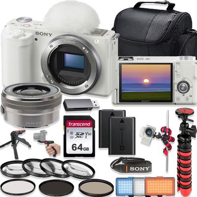 Sony ZV-E10 24.2MP 4K Video Recording Vlogging Mirrorless Camera with Sony E PZ 16-50mm f/3.5-5.6 OSS Lens (White)+64GB Memory+Shoulder Bag+Deluxe Accessory Bundle (Renewed)