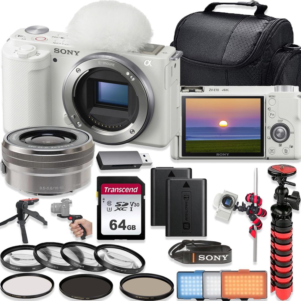 Sony ZV-E10 24.2MP 4K Video Recording Vlogging Mirrorless Camera with Sony E PZ 16-50mm f/3.5-5.6 OSS Lens (White)+64GB Memory+Shoulder Bag+Deluxe Accessory Bundle (Renewed)