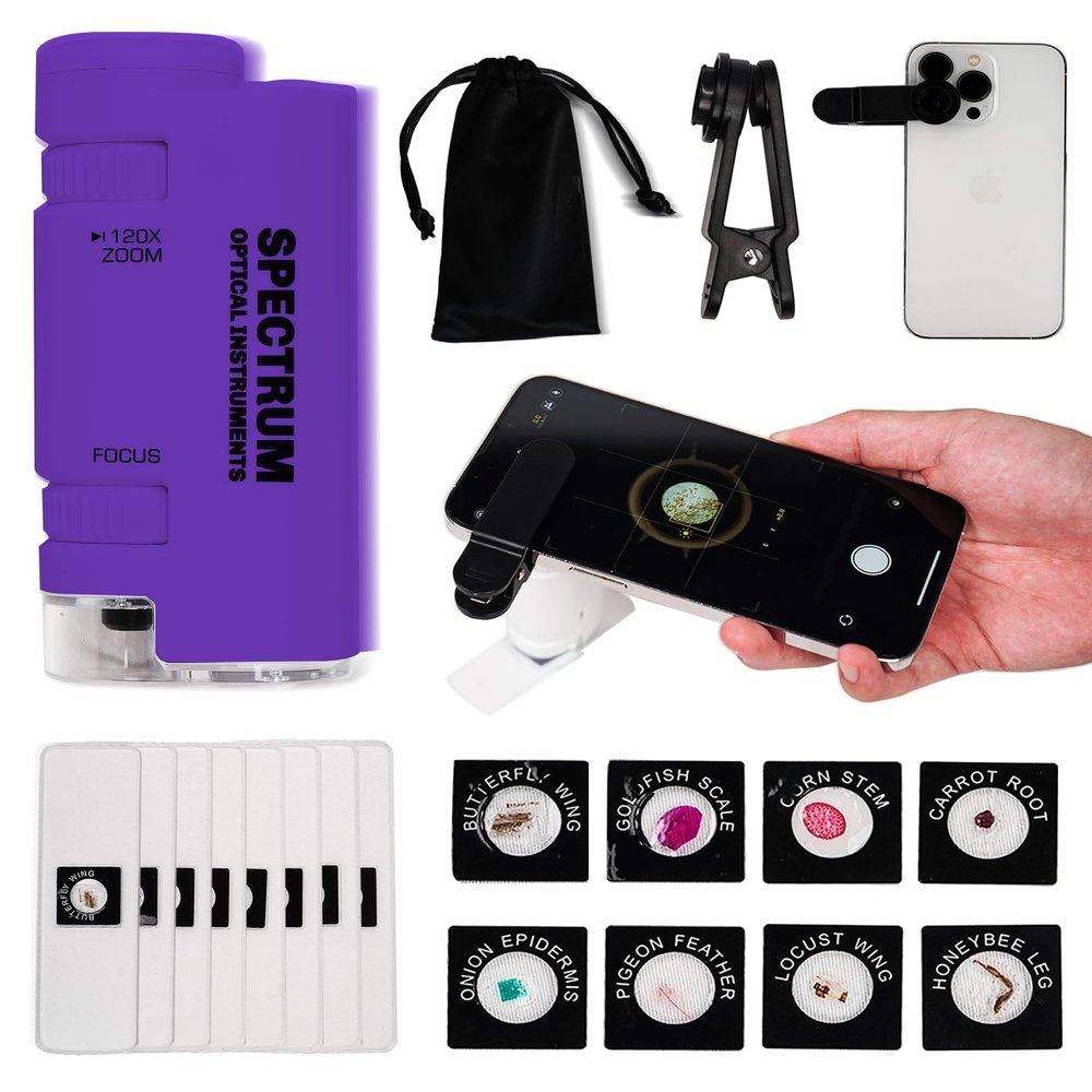 EasyMicro LED Lighted Pocket Microscope 60-120X Magnification Purple Color