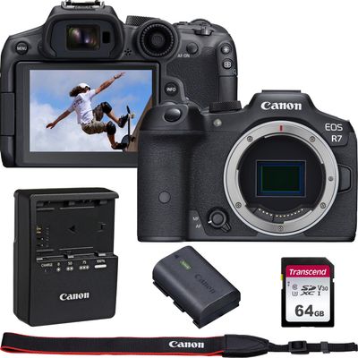 Canon EOS R7 4K Video Recording Mirrorless Camera (Body) with 64GB Fast Transcend Memory Card (Renewed), Black
