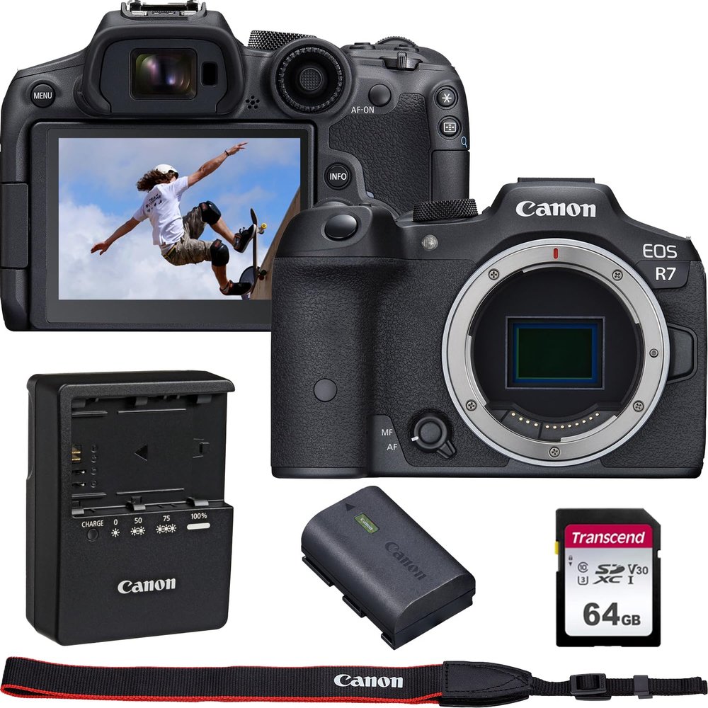 Canon EOS R7 4K Video Recording Mirrorless Camera (Body) with 64GB Fast Transcend Memory Card (Renewed), Black