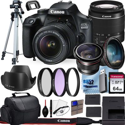 Canon EOS 4000D (Rebel T100) DSLR Camera with 18-55mm f/3.5-5.6 Zoom Lens,64GB Memory,Case,Tripod and More (28pc Bundle), Black (Renewed)