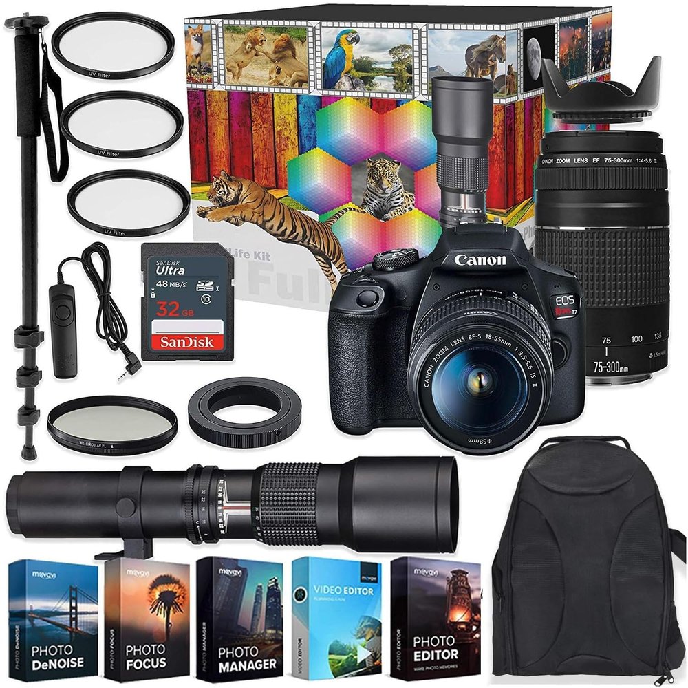Canon EOS Rebel T7 DSLR Camera with 18-55mm & 75-300mm Lenses Kit + 500mm Preset Wildlife Lens - Deluxe Professional Photo & Video Creative Bundle (Renewed), Black