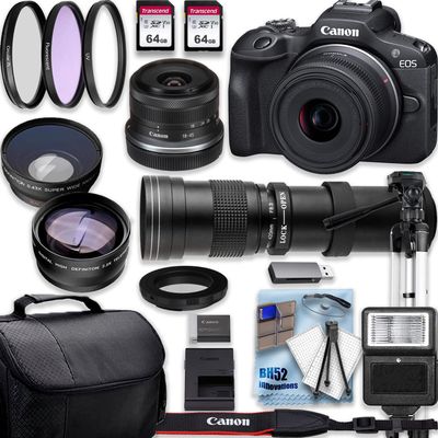 Canon EOS R100 4K Video Recording Mirrorless Camera with 18-45mm and 420-800mm f/8.3 HD Telephoto Zoom Lenses + 2 X 64GB Fast Transcend Memory + Deluxe Accessory Bundle, Black (Renewed)