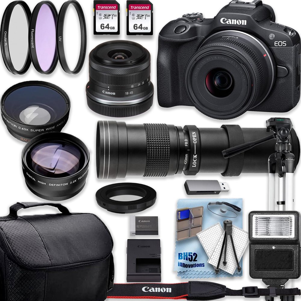 Canon EOS R100 4K Video Recording Mirrorless Camera with 18-45mm and 420-800mm f/8.3 HD Telephoto Zoom Lenses + 2 X 64GB Fast Transcend Memory + Deluxe Accessory Bundle, Black (Renewed)