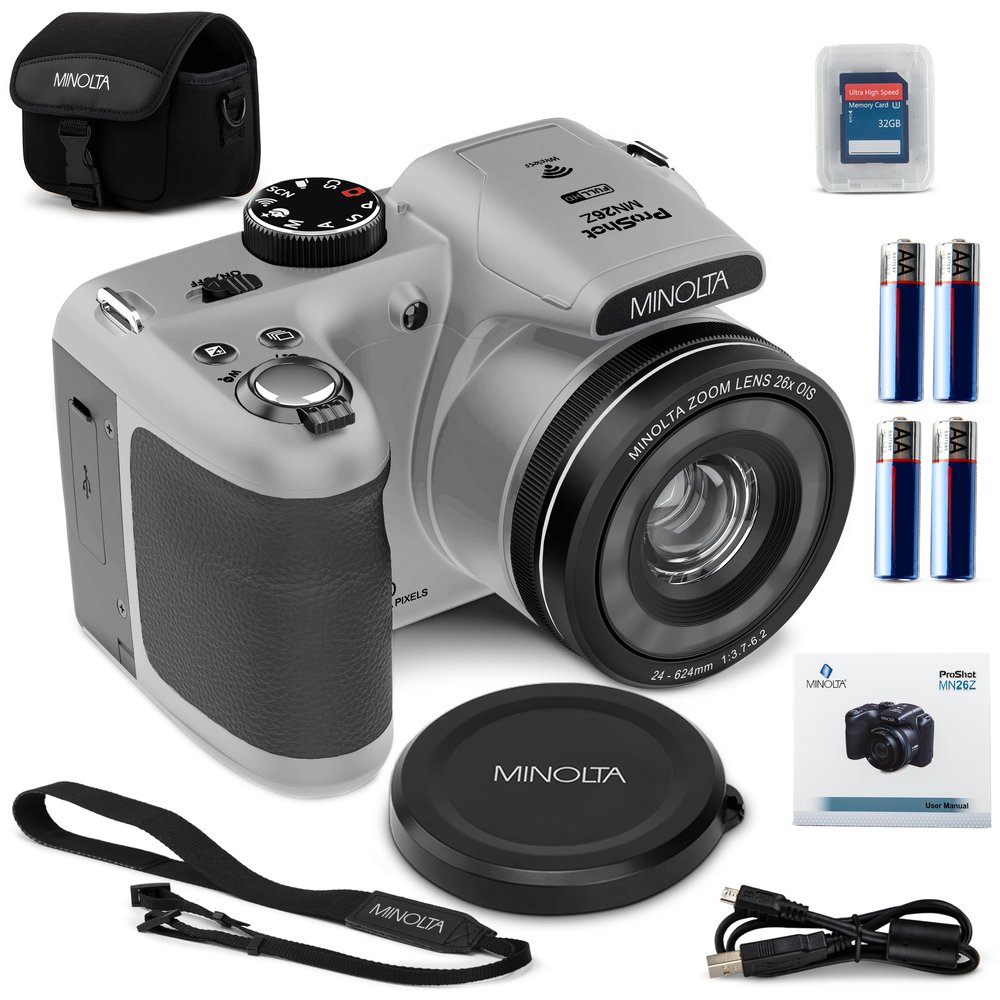 Minolta ProShot 20MP Camera  26x Optical Zoom Lens, 1080p HD Video, WiFi, 3-inch LCD Screen, Image Stabilization, Face Detection, Scene Modes, Compact Point & Shoot, 32GB Card (Silver)