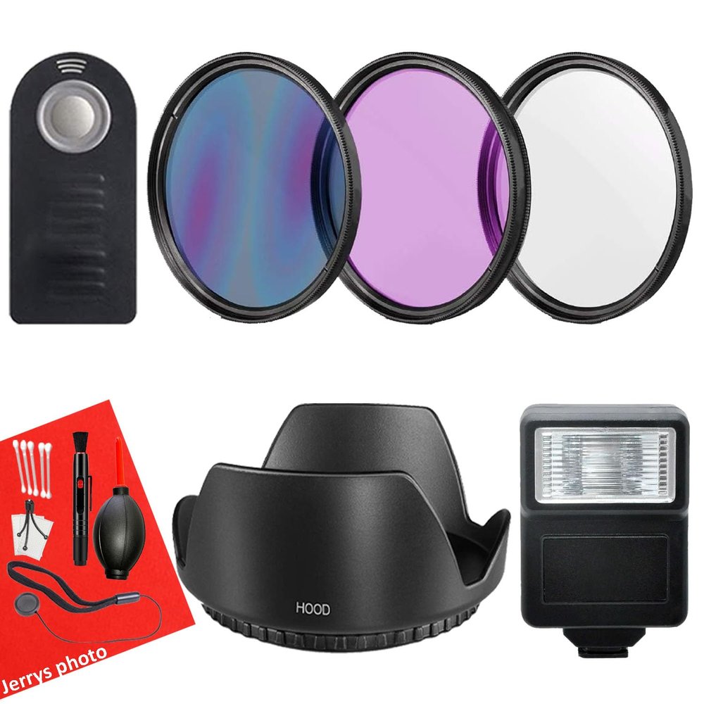 Accessory Bundle for 58mm Diameter Lens + Filters + Slave Flash + Remote Control + Cleaning Kit + Tulip Hood + Cap Keeper (10pc Bundle)