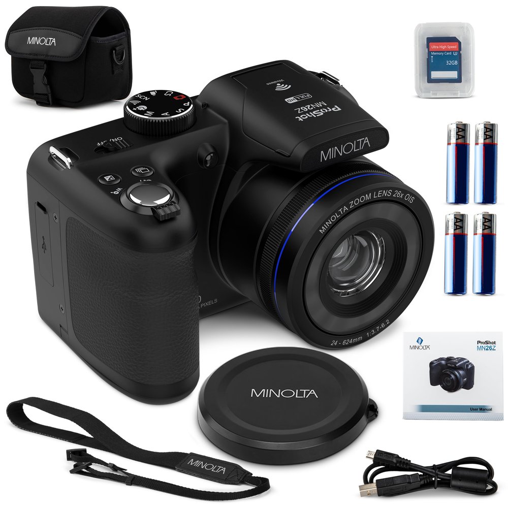 Minolta ProShot 20MP Camera  26x Optical Zoom Lens, 1080p HD Video, WiFi, 3-inch LCD Screen, Image Stabilization, Face Detection, Scene Modes, Compact Point & Shoot, 32GB Card (Black)