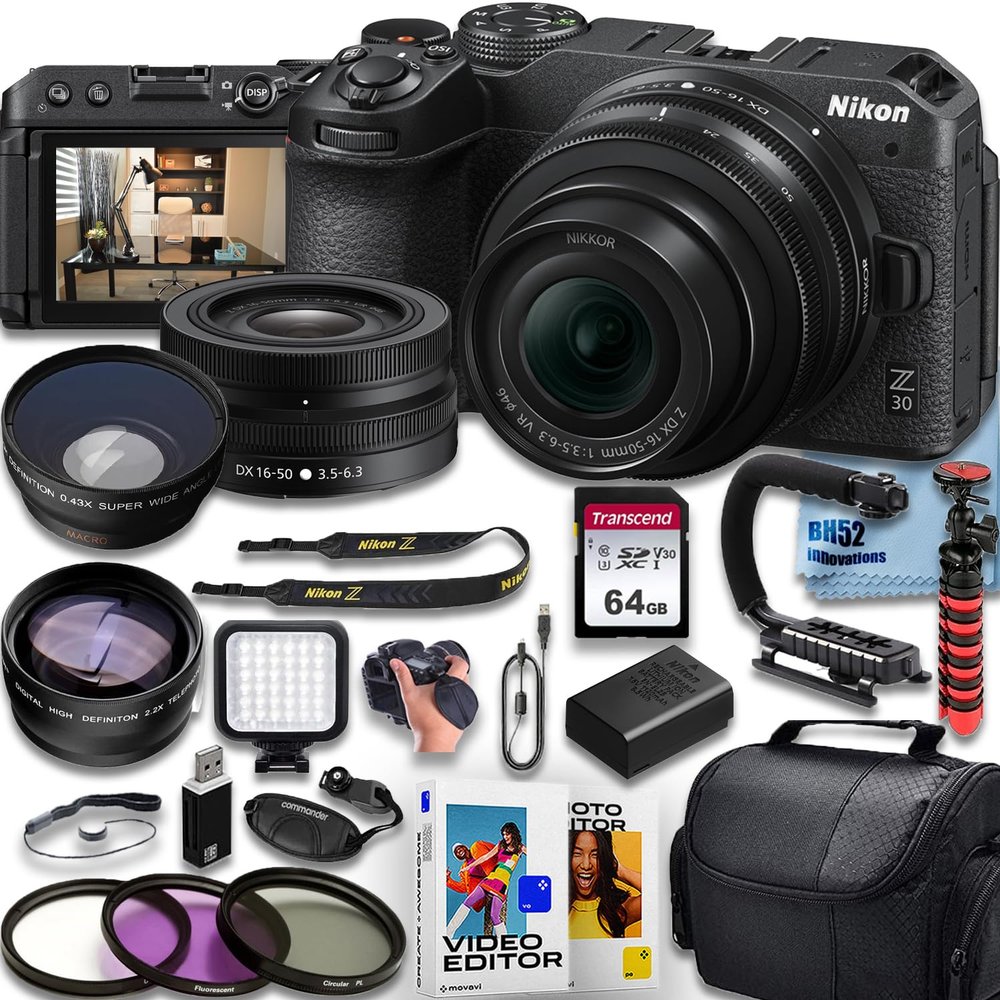 Nikon Z30 20.9MP 4K Video Recording Vlogging Camera with Nikon NIKKOR Z DX 16-50mm f/3.5-6.3 VR Lens+64GB Transcend Memory Card+Photo/Video Editing Software Kit+Deluxe Accessories Bundle (Renewed)