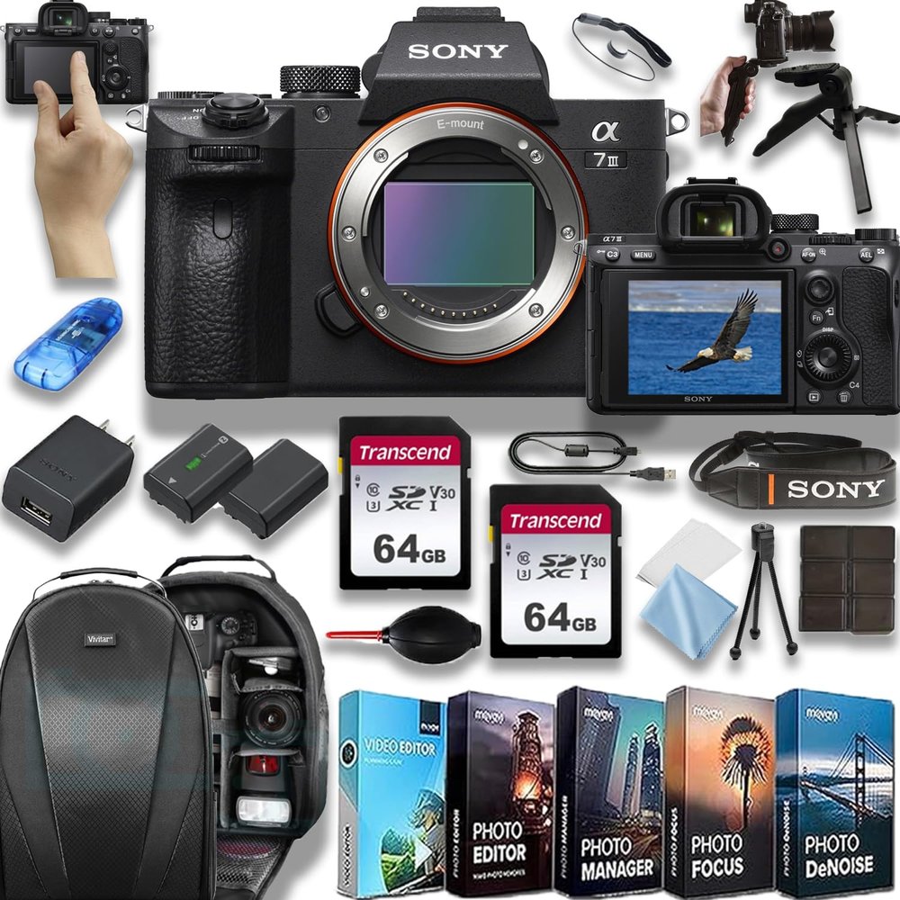 Sony a7 III 4K Video Recording Mirrorless 24MP Digital Camera (Body only), 2X64GB Memory Cards, Photo/Video Software Kit+Backpack+Deluxe Accessory Bundle, Black (Renewed)