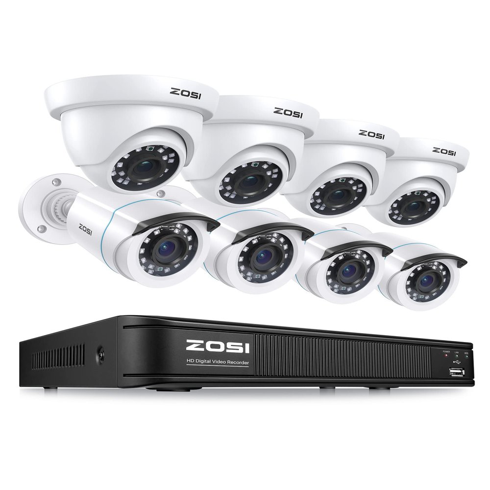 ZOSI H.265+ 8CH 1080p Home Security Camera System Indoor Outdoor, 5MP 8 Channel Lite CCTV DVR, 8 x 1080p Weatherproof Surveillance Bullet Dome Camera, Remote Access, Motion Detection (No HDD), White