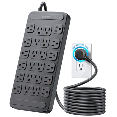 TROND Surge Protector Power Strip 360 Rotating Flat Plug, 24 AC Outlets, 4000 Joules, 6ft Heavy Duty Extension Cord 1875W, ETL Listed, Ideal for Gaming Office Home Dorm Room Essentials Black
