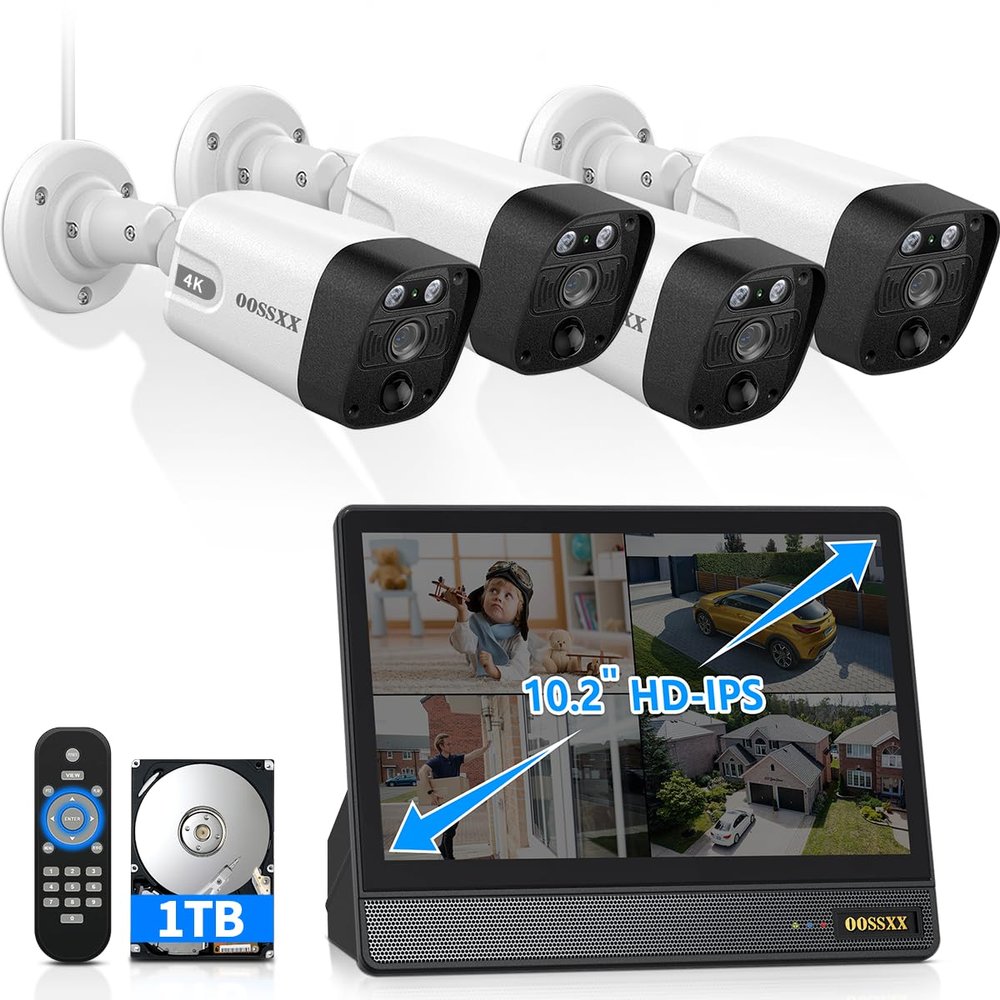 OOSSXX (All-in-One 10.1" IPS 8MP Monitor) 2-Way Audio PoE Outdoor Home Security Camera System Wired Outdoor Video Surveillance IP Cameras System