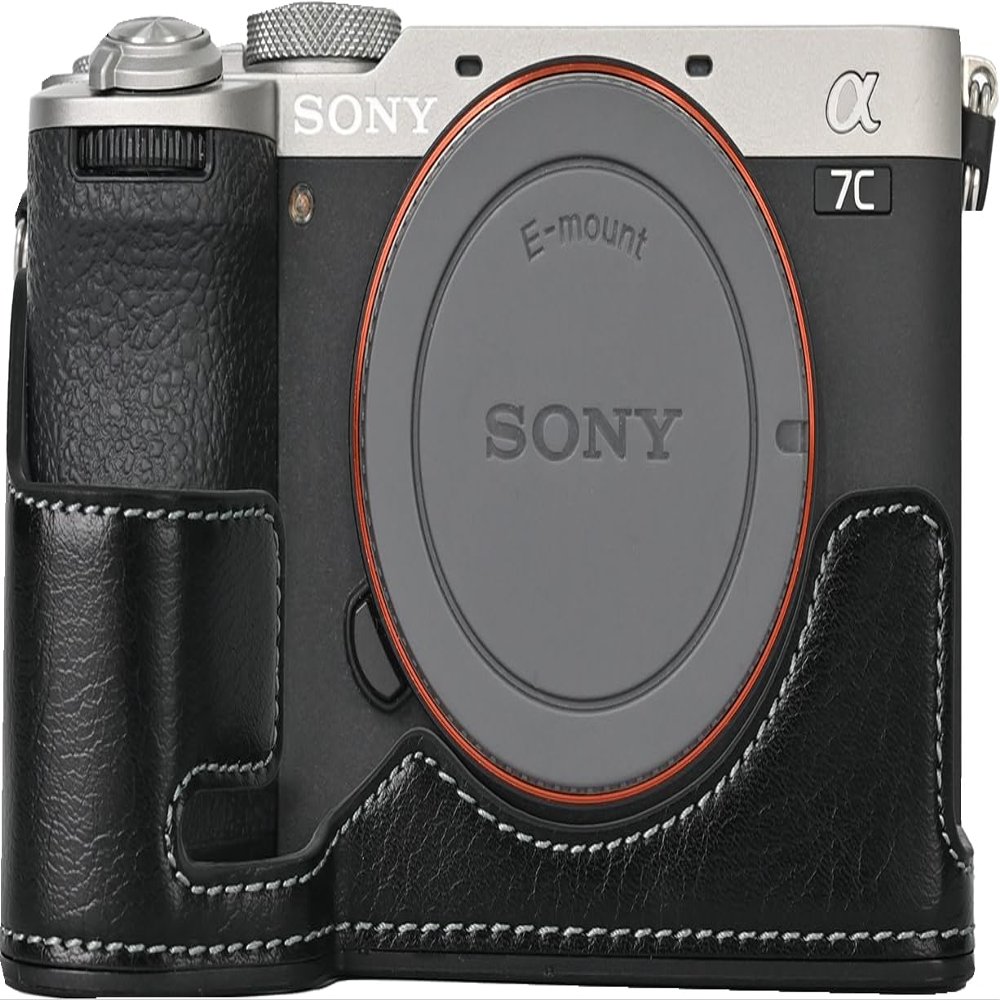 BMAOLLONGB A7C II Case, Handmade PU Leather Half Camera Case Bag Cover Bottom Opening Version for Sony Alpha A7C II With Neck Strap Mini Storage Bag (Black)
