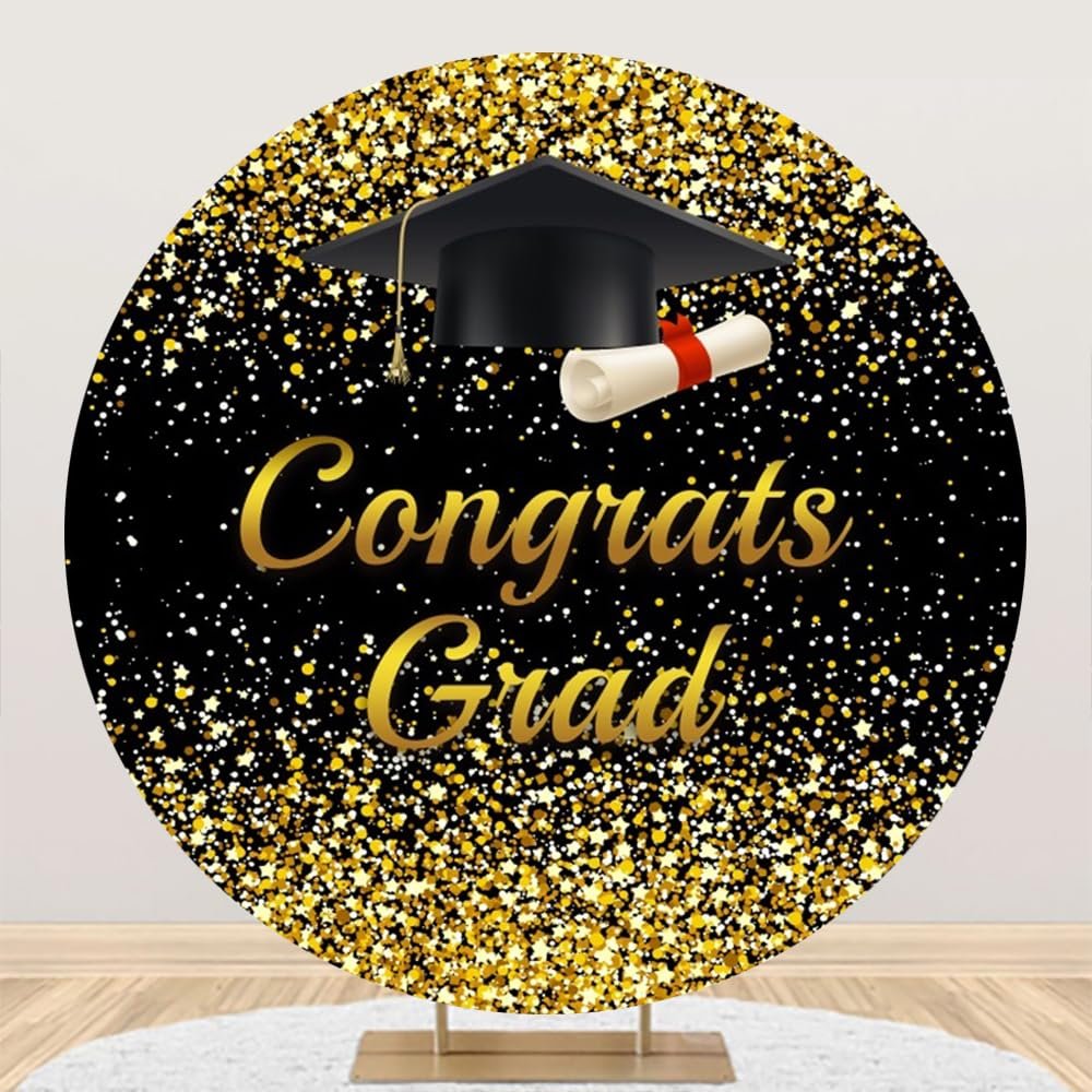 Leyiyi 7.5x7.5ft Gold Congrats Grad Round Backdrop Cover Black Gold Glitter Bokeh Graduation Party Circle BackgroundCongrats Congrats Grad Prom Party Decoration Congratulations Graduates Backdrop