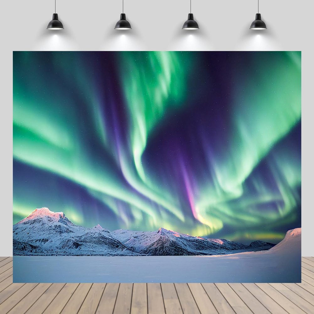 chnywork 7x5ft Northern Lights Backdrop Snowy Mountains Aurora Borealis Starry Night Sky Background Winter Wonderland Magic Landscape Themed Party Home Decorations Portrait Photo Props Wallpaper