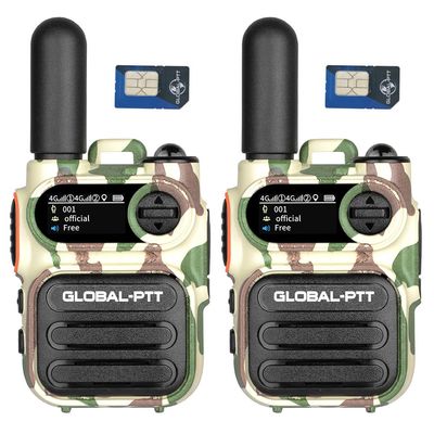 2 pcs global-ptt G388 4G LTE Mini Metal walkie Talkie Long Range Two Way Radio for Adults Work Communication Unlimited Distance Professional intercom 5000 Miles with yearly SIM (2CamouflagewithSIM)