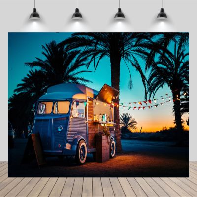 chnywork 9x6ft Tropical Food Truck Backdrop Seaside Beach Festival Bar Light Bulbs Palm Trees Sunset Scenery Background Summer Vacation Birthday Wedding Party Decor Photo Props Wallpaper