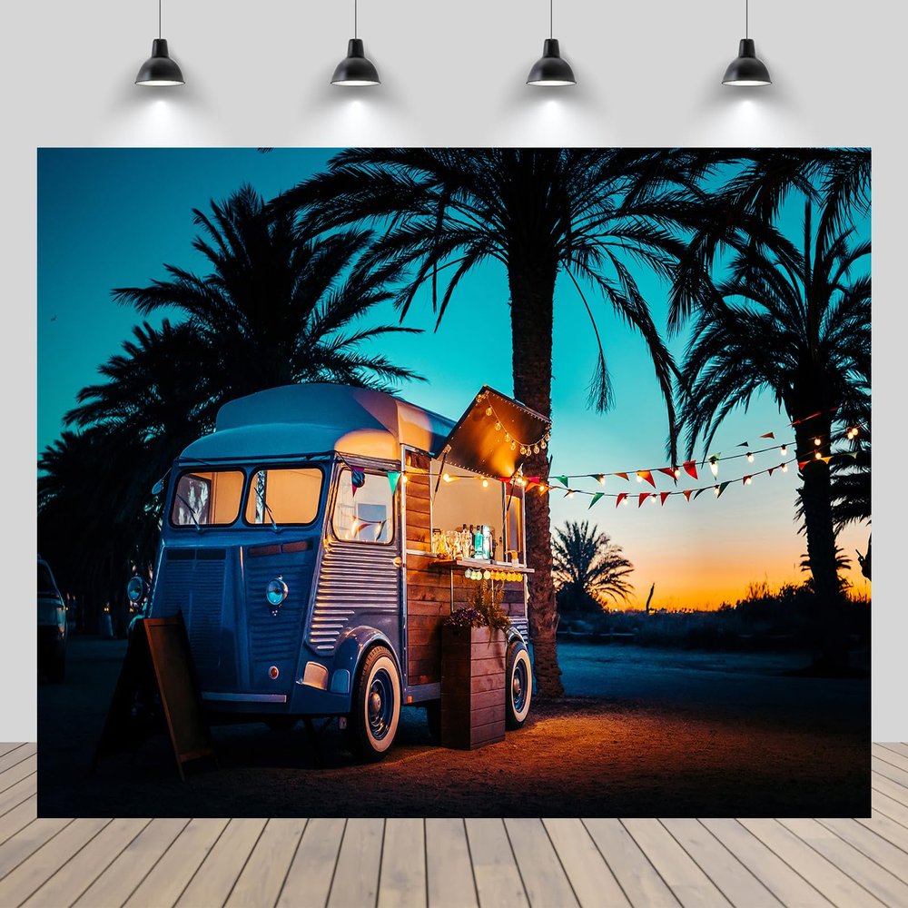 chnywork 9x6ft Tropical Food Truck Backdrop Seaside Beach Festival Bar Light Bulbs Palm Trees Sunset Scenery Background Summer Vacation Birthday Wedding Party Decor Photo Props Wallpaper