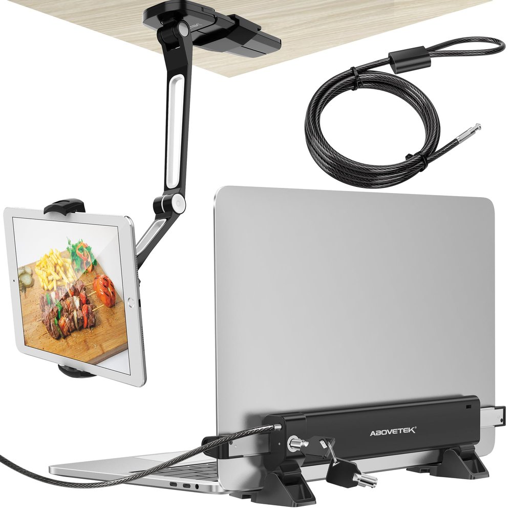 AboveTEK iPad Wall Mount, 3 in 1 Highflex 360 Under Cabinet iPad Mount for Kitchen Bundle with MacBook & Surface Laptop Locking Station with Combo Lock Cable