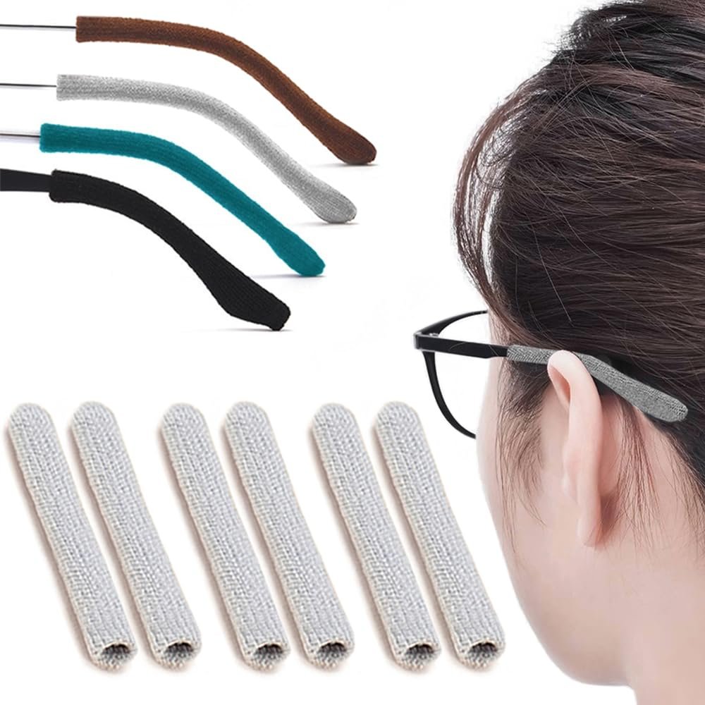3 Pairs Eye Glasses Ear Grippers, Soft Knitting Cotton Arm Cushion for Glasses Behind Ear, Anti Slip Eye Glass Ear Grips, Non Slip Ear Pads for Glasses, Eyeglasses Temple Tips for Pain (Grey)