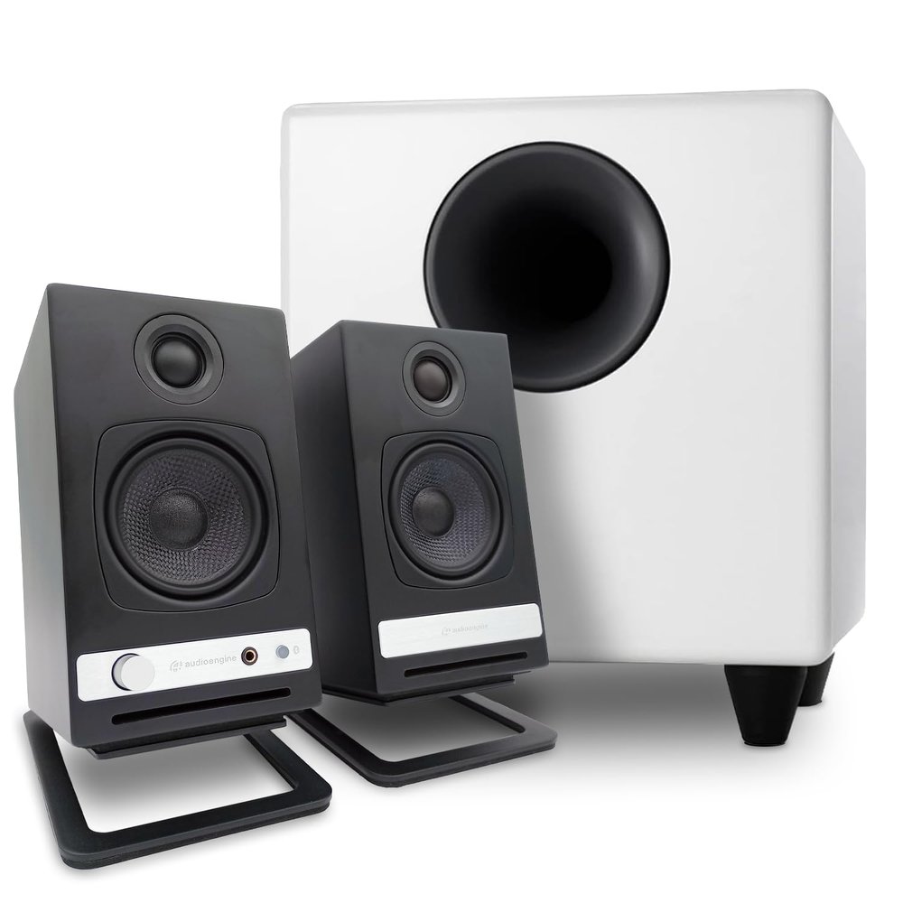 Audioengine HD3 Black Home Music System with S8 White Subwoofer and DS1M Stands, Premium