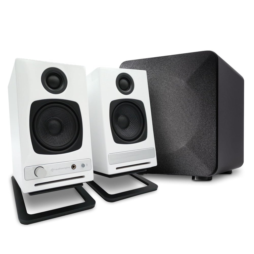 Audioengine A2 HD White Home Music System with S6 Subwoofer and DS1M Stands