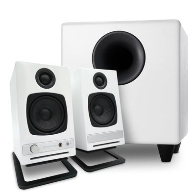 Audioengine A2 HD White Home Music System with S8 Subwoofer and DS1M Stands