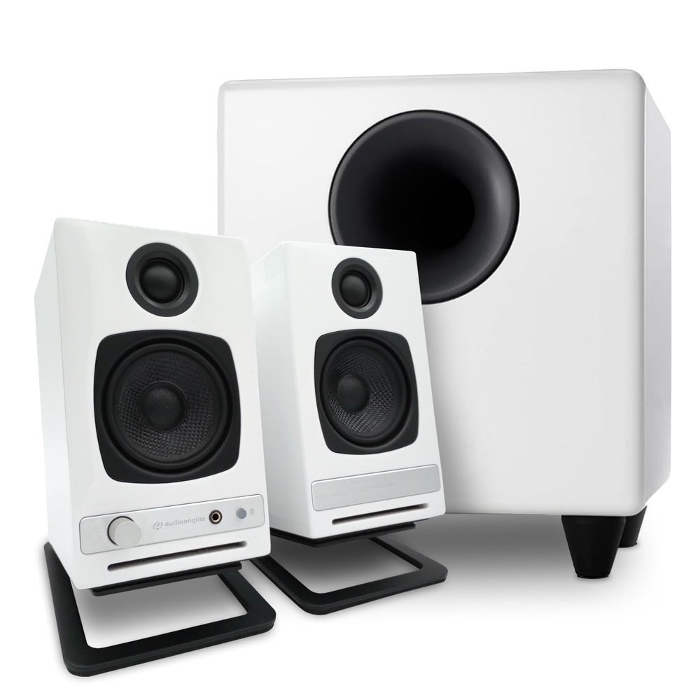 Audioengine A2 HD White Home Music System with S8 Subwoofer and DS1M Stands