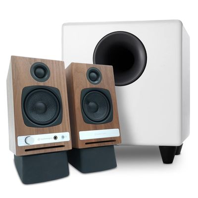 Audioengine A2 HD Walnut Home Music System with S8 White Subwoofer and DS1 Stands