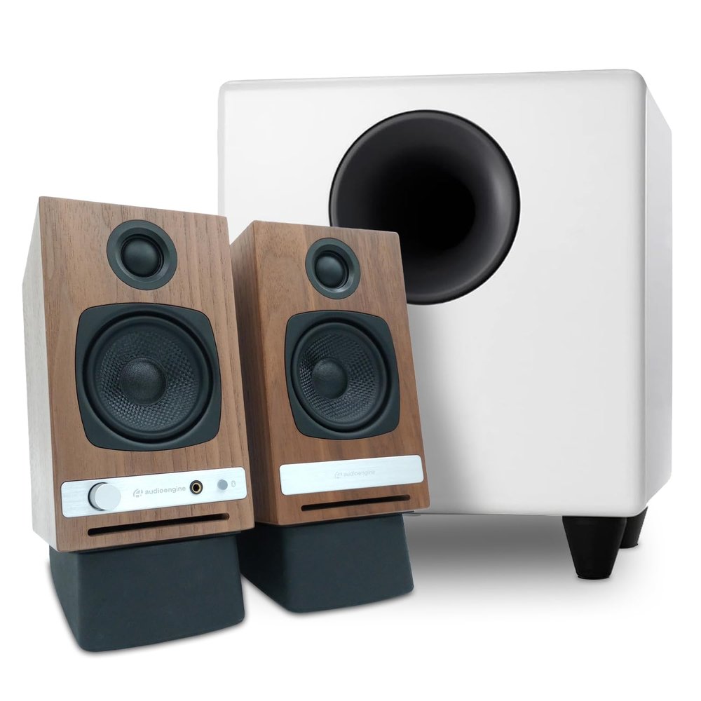 Audioengine A2 HD Walnut Home Music System with S8 White Subwoofer and DS1 Stands