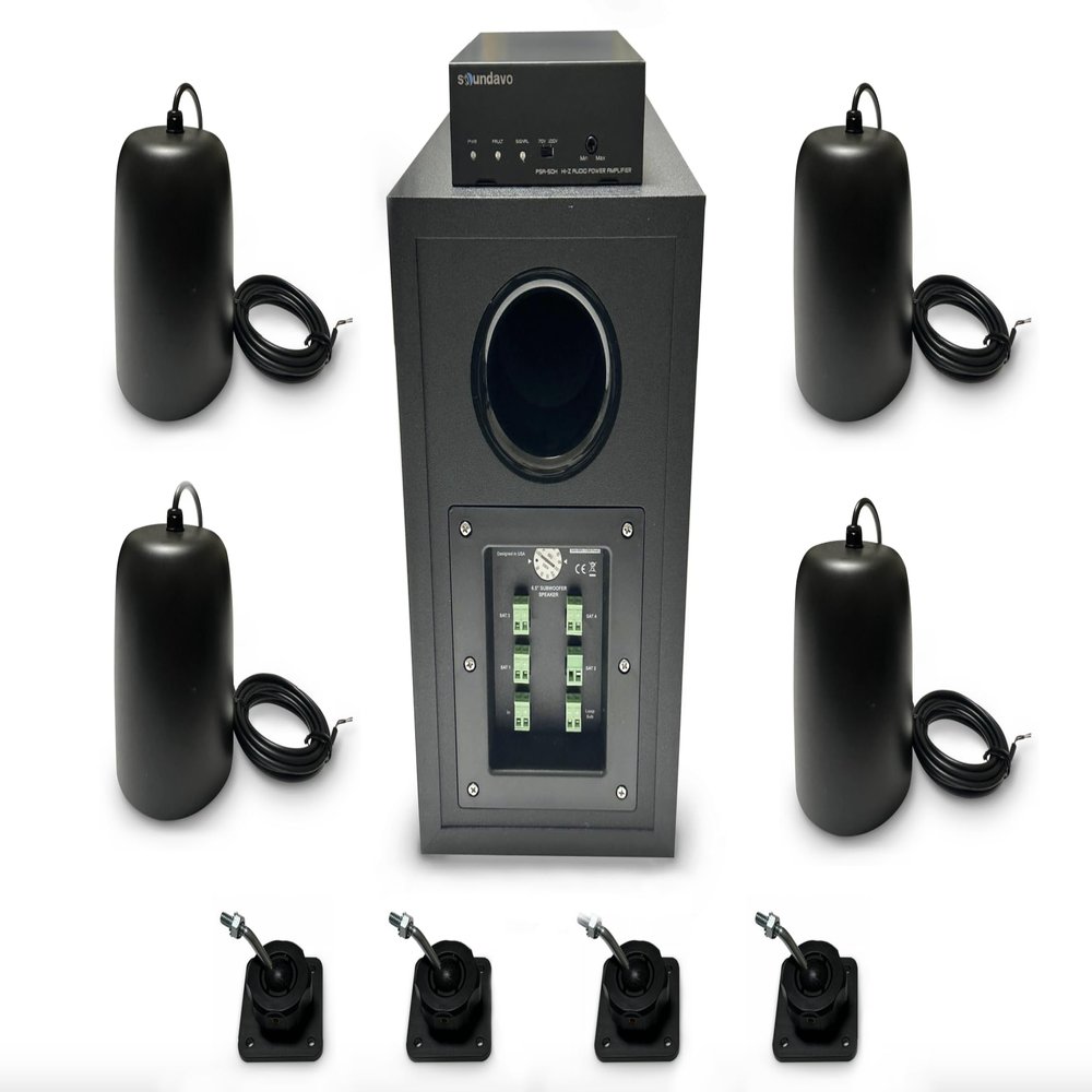 Soundavo SB-65-BL-Pack Professional Surface Mount Subwoofer & 4 Satellite Loudspeakers System for Commercial Applications (Black)