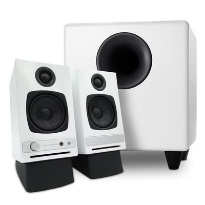 Audioengine A2 HD White Home Music System with S8 White Subwoofer and DS1 Stands