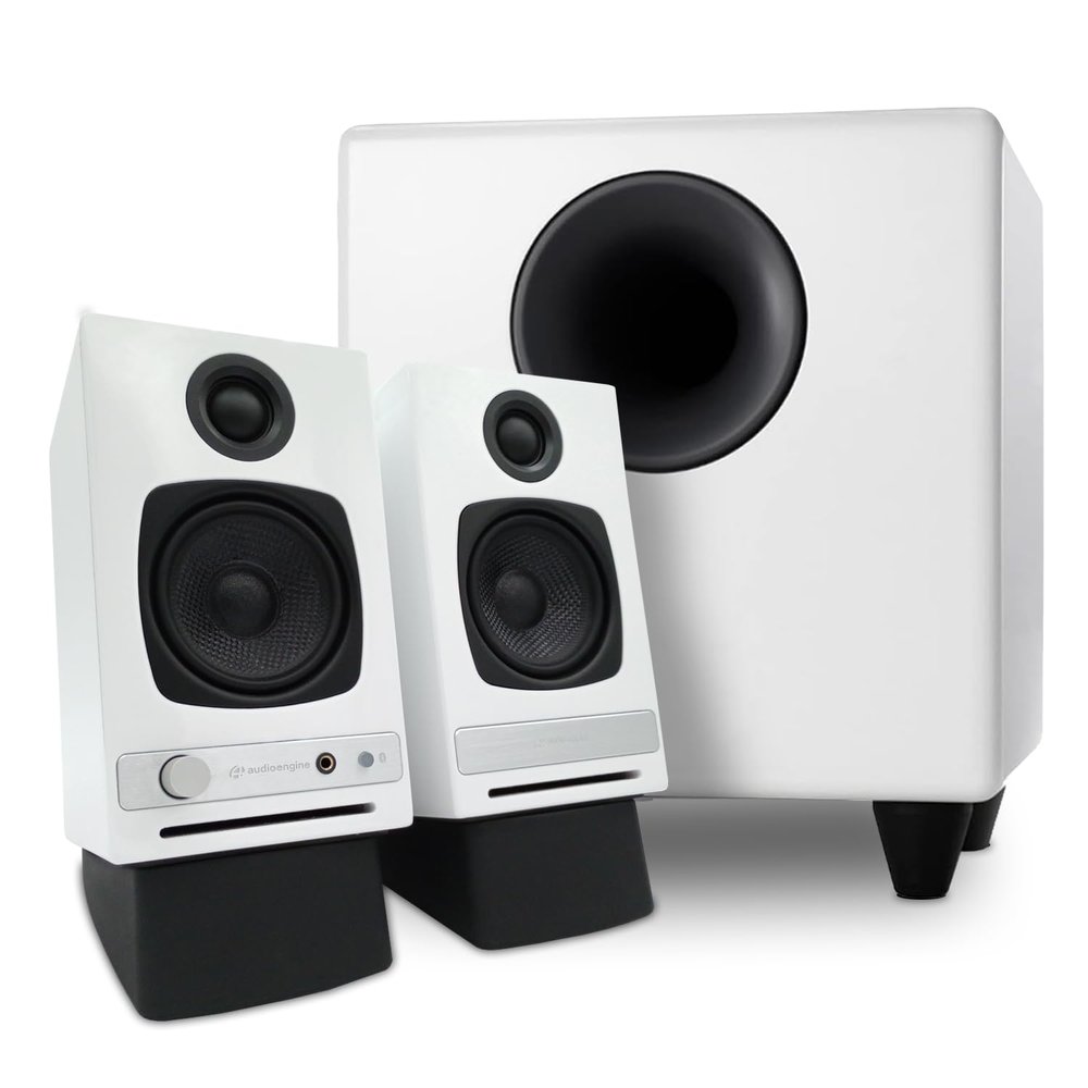 Audioengine A2 HD White Home Music System with S8 White Subwoofer and DS1 Stands