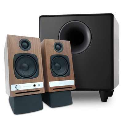 Audioengine A2 HD Walnut Home Music System with S8 Black Subwoofer and DS1 Stands