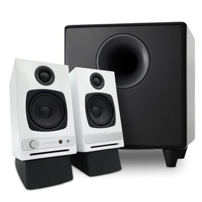 Audioengine A2 HD White Home Music System with S8 Black Subwoofer and DS1 Stands