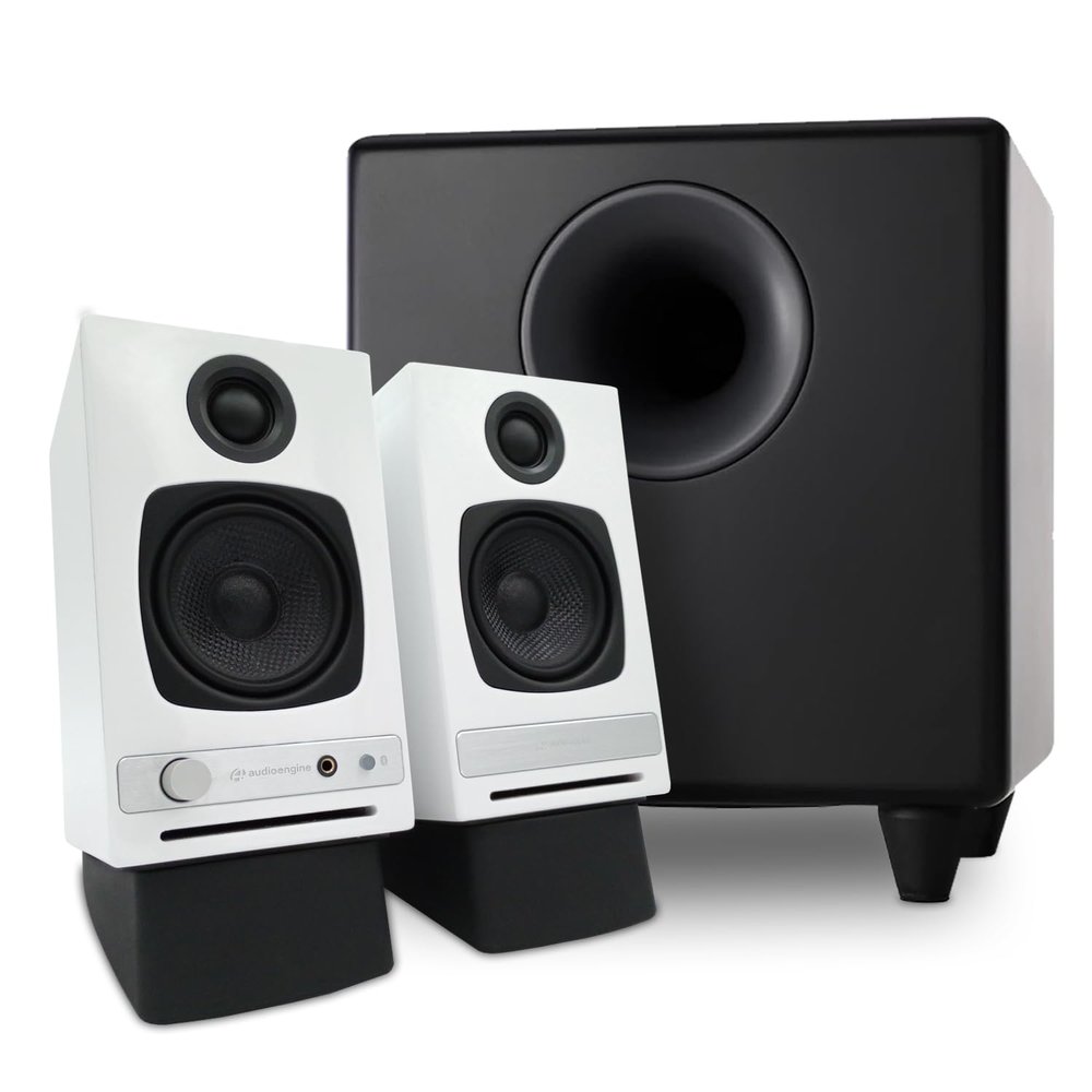 Audioengine A2 HD White Home Music System with S8 Black Subwoofer and DS1 Stands