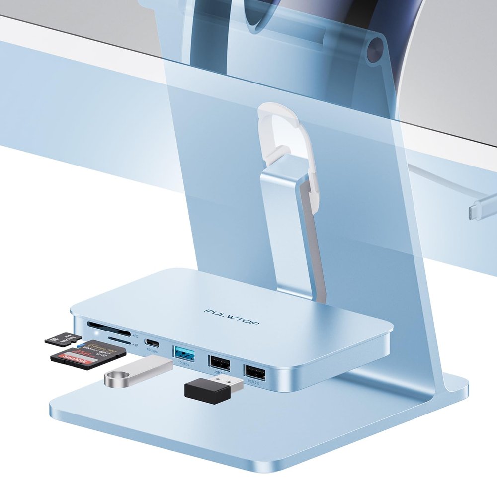iMac Accessories for i-Mac 2021/2023/2024, PULWTOP USB C Hub for iMac with USB A/C 10Gbps, Hub for M1/M3/M4, 2USB A 2.0, SD/TF Card Reader for iMac24 inch & Studio Display 2 Blue